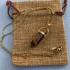Gold plated Tigers Eye Crystal Point with gold plated Stainless Steel Chain